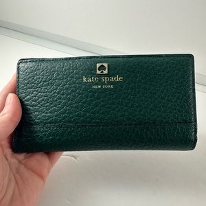 Kate Spade Emerald Green Pebble Leather Bifold Wallet with Striped Lining